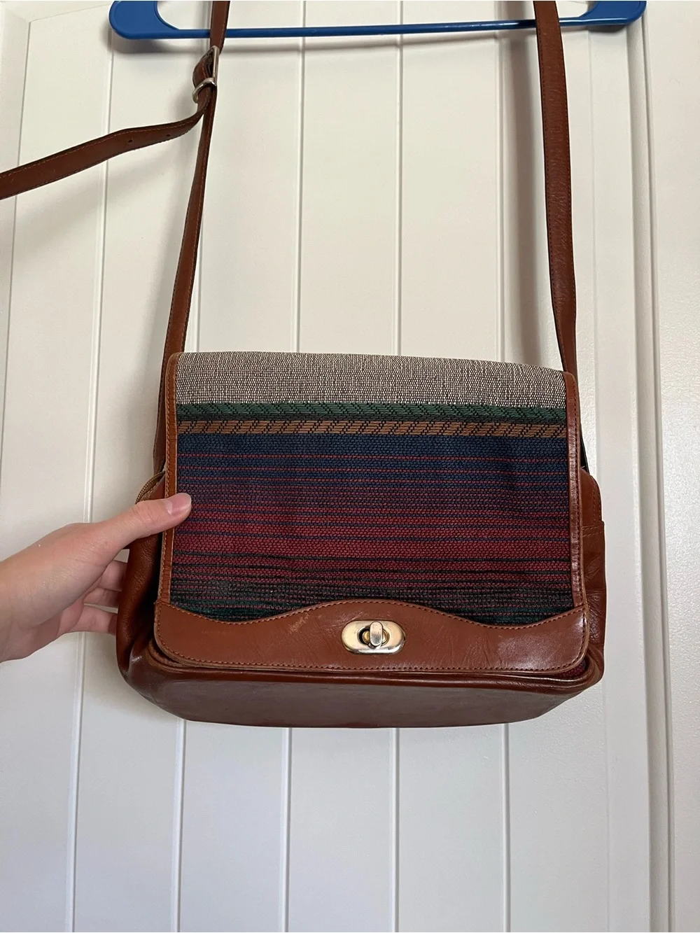 Vintage Leather-Trimmed Canvas Messenger Bag in Brown and Multicolor